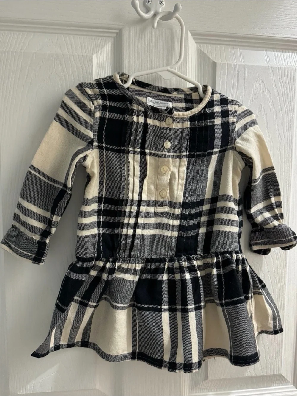 Ralph Lauren Baby Girl 12M Black Cream Plaid Long Sleeve Holiday Dress